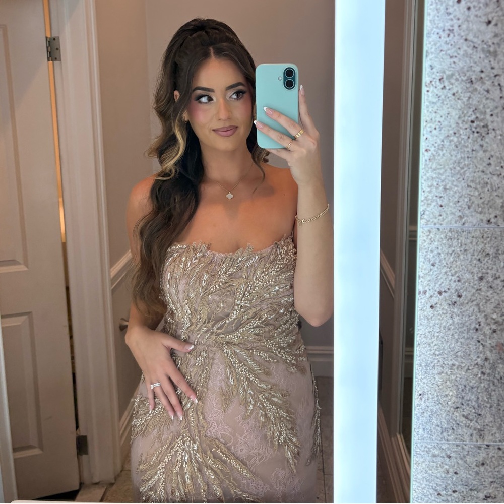 Tarik Ediz Beaded and Pink Lace Maxi Dress
